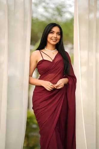 StyleScope Women's Kalki Maroon Georgette Ready Pleated Saree with Unstitched Blouse Piece | 163cm (5.34ft) Length thumbnail 5