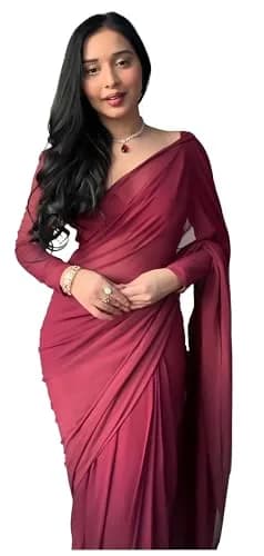 StyleScope Women's Kalki Maroon Georgette Ready Pleated Saree with Unstitched Blouse Piece | 163cm (5.34ft) Length thumbnail 1