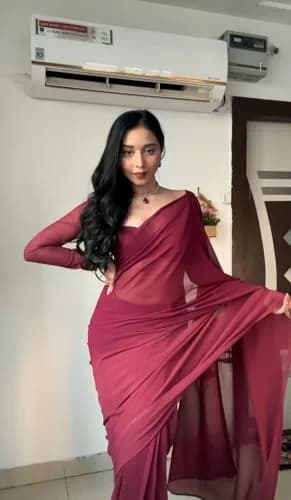 StyleScope Women's Kalki Maroon Georgette Ready Pleated Saree with Unstitched Blouse Piece | 163cm (5.34ft) Length thumbnail 7