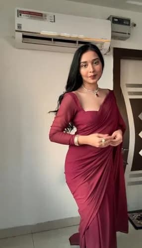 StyleScope Women's Kalki Maroon Georgette Ready Pleated Saree with Unstitched Blouse Piece | 163cm (5.34ft) Length thumbnail 8