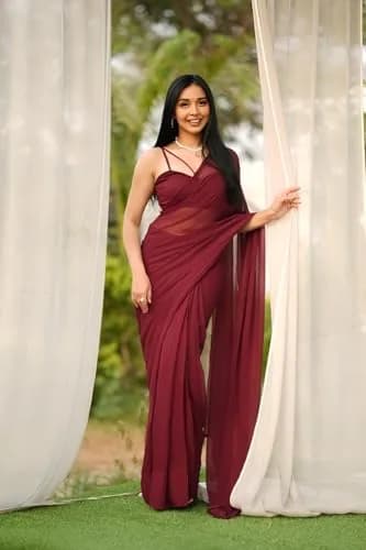 StyleScope Women's Kalki Maroon Georgette Ready Pleated Saree with Unstitched Blouse Piece | 163cm (5.34ft) Length thumbnail 2