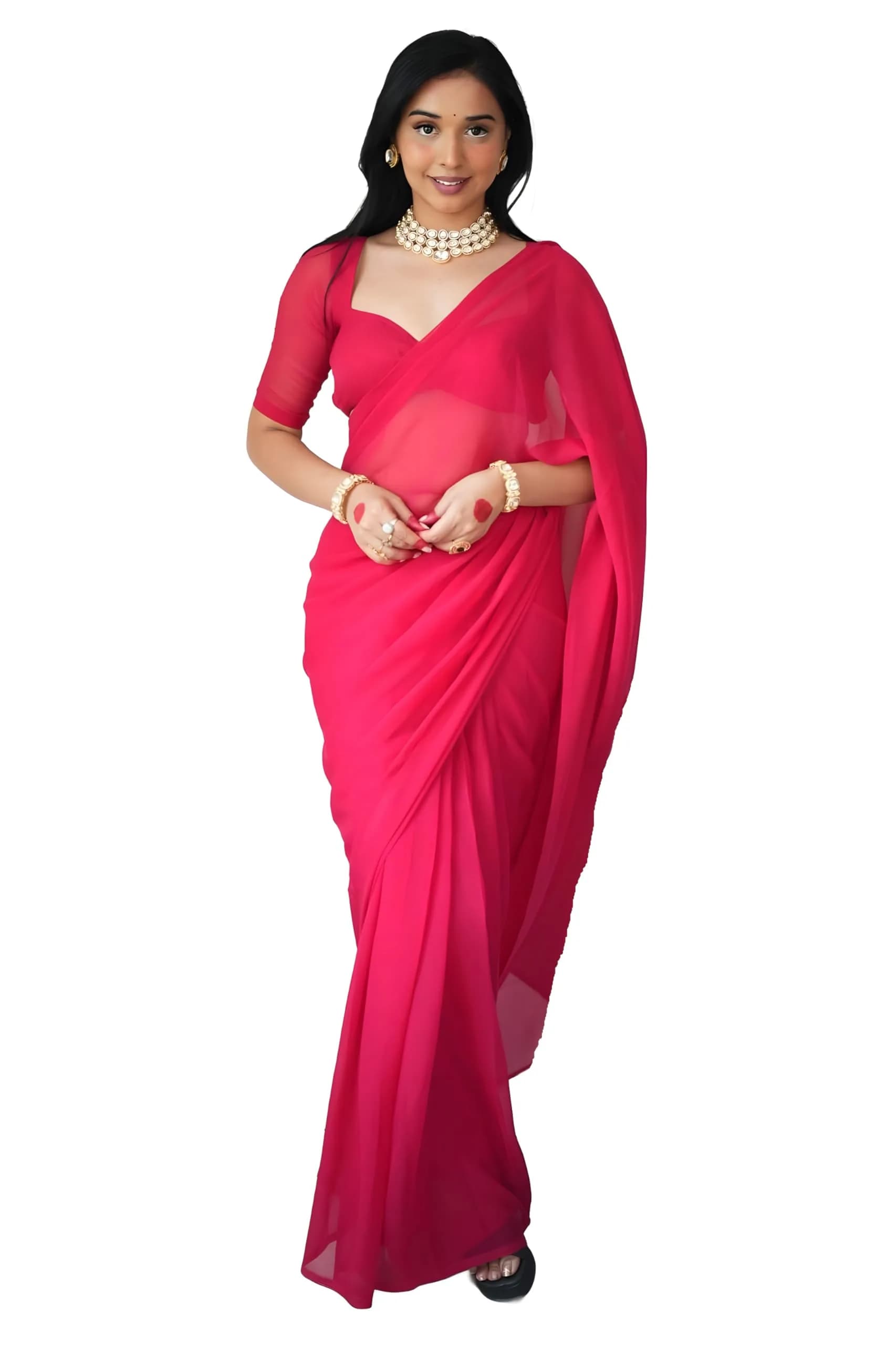 StyleScope Women's Kalki Pink Georgette Ready-to-Wear Saree with Unstitched Blouse Piece | 156 cm (5.5 ft) Length