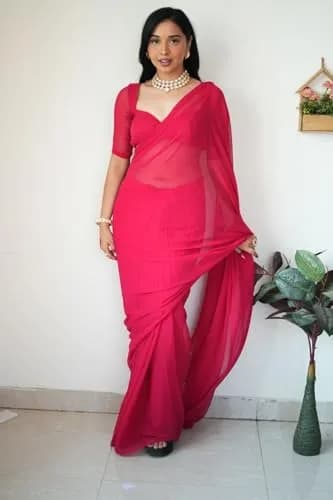 StyleScope Women's Kalki Pink Georgette Ready-to-Wear Saree with Unstitched Blouse Piece | 156 cm (5.5 ft) Length thumbnail 5