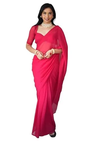 StyleScope Women's Kalki Pink Georgette Ready-to-Wear Saree with Unstitched Blouse Piece | 156 cm (5.5 ft) Length thumbnail 1