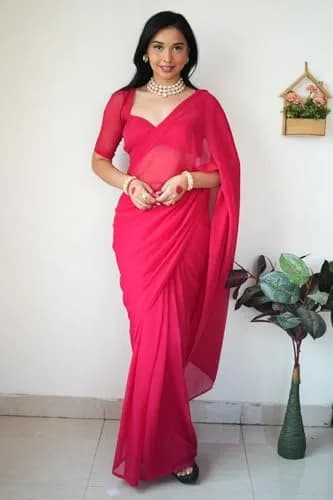 StyleScope Women's Kalki Pink Georgette Ready-to-Wear Saree with Unstitched Blouse Piece | 156 cm (5.5 ft) Length thumbnail 7