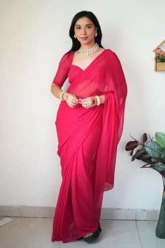 StyleScope Women's Kalki Pink Georgette Ready-to-Wear Saree with Unstitched Blouse Piece | 156 cm (5.5 ft) Length thumbnail 9
