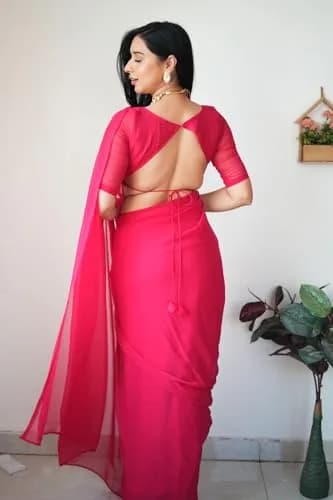 StyleScope Women's Kalki Pink Georgette Ready-to-Wear Saree with Unstitched Blouse Piece | 156 cm (5.5 ft) Length thumbnail 3