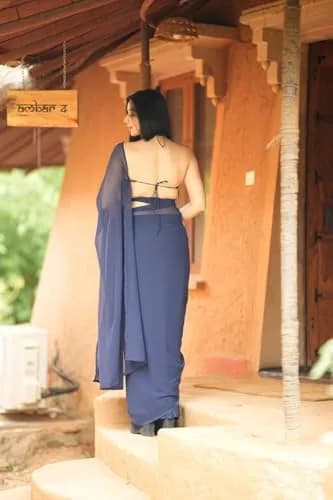 StyleScope Women's Kalki Ready Pleated Saree with Georgette Blouse Piece, Navy Blue, 5.5m (18 ft) thumbnail 4