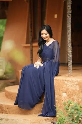 StyleScope Women's Kalki Ready Pleated Saree with Georgette Blouse Piece, Navy Blue, 5.5m (18 ft) thumbnail 5