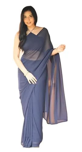 StyleScope Women's Kalki Ready Pleated Saree with Georgette Blouse Piece, Navy Blue, 5.5m (18 ft) thumbnail 1