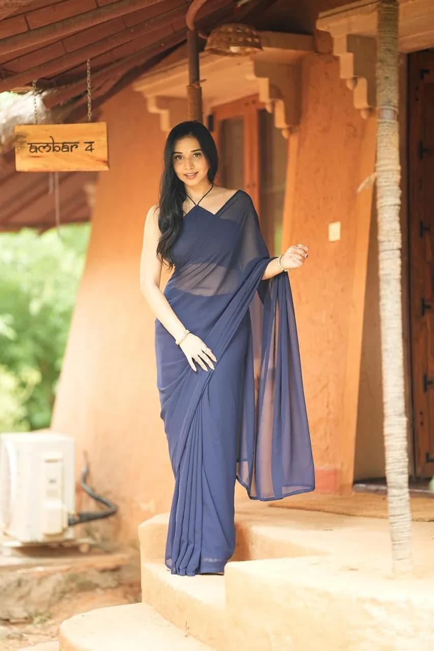 StyleScope Women's Kalki Ready Pleated Saree with Georgette Blouse Piece, Navy Blue, 5.5m (18 ft) - view 8