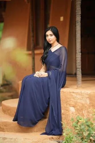 StyleScope Women's Kalki Ready Pleated Saree with Georgette Blouse Piece, Navy Blue, 5.5m (18 ft) thumbnail 2