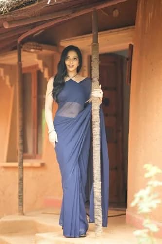 StyleScope Women's Kalki Ready Pleated Saree with Georgette Blouse Piece, Navy Blue, 5.5m (18 ft) thumbnail 3