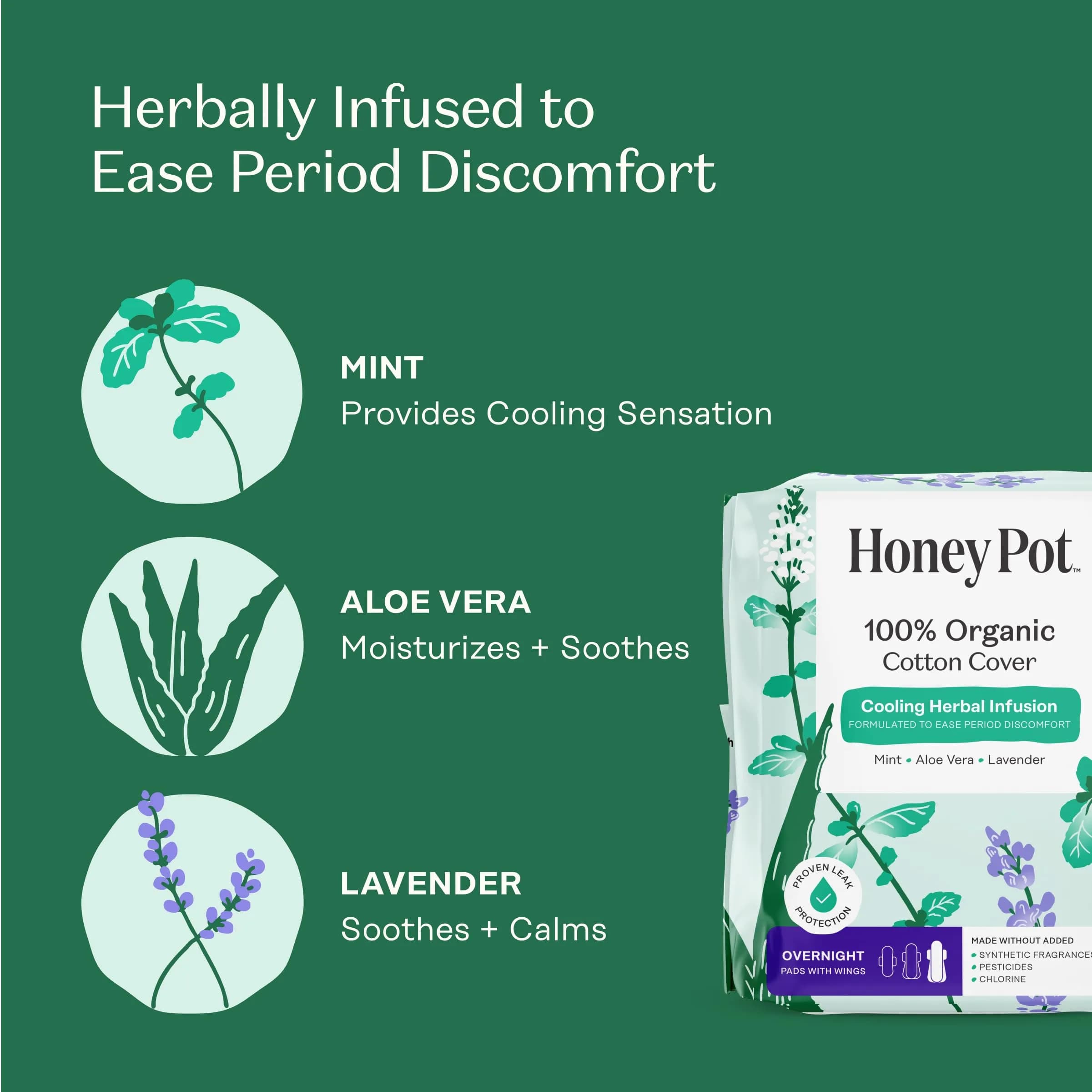 The Honey Pot Company Organic Herbal Infused Overnight Pads with Wings, 48 Count | Cooling Sensation for Feminine Care - view 3