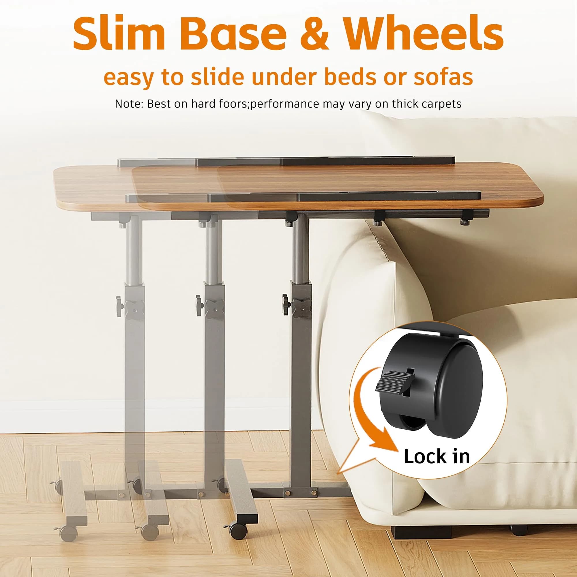 Furist Adjustable Laptop Lap Desk with Wheels & Mouse Pad, Light Walnut 92cm (36.2") | Mobile Overbed Table for Home & Hospital - view 6