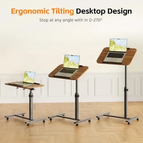 Furist Adjustable Laptop Lap Desk with Wheels & Mouse Pad, Light Walnut 92cm (36.2") | Mobile Overbed Table for Home & Hospital thumbnail 7