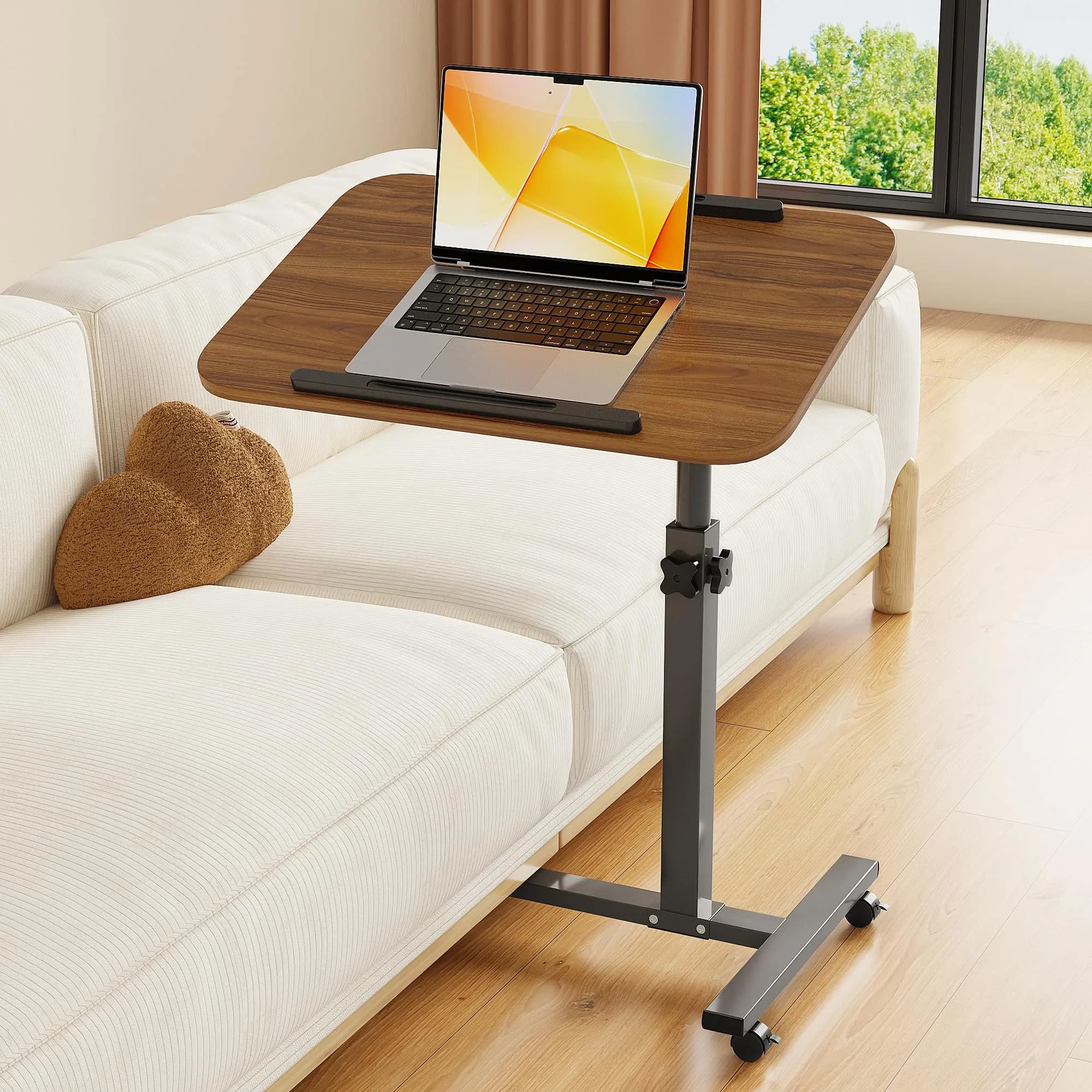 Furist Adjustable Laptop Lap Desk with Wheels & Mouse Pad, Light Walnut 92cm (36.2") | Mobile Overbed Table for Home & Hospital