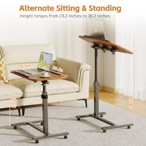 Furist Adjustable Laptop Lap Desk with Wheels & Mouse Pad, Light Walnut 92cm (36.2") | Mobile Overbed Table for Home & Hospital thumbnail 3