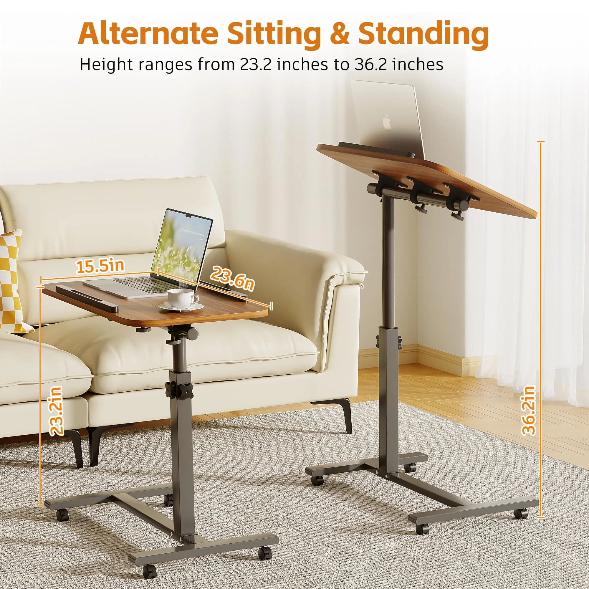 Furist Adjustable Laptop Lap Desk with Wheels & Mouse Pad, Light Walnut 92cm (36.2") | Mobile Overbed Table for Home & Hospital - view 3