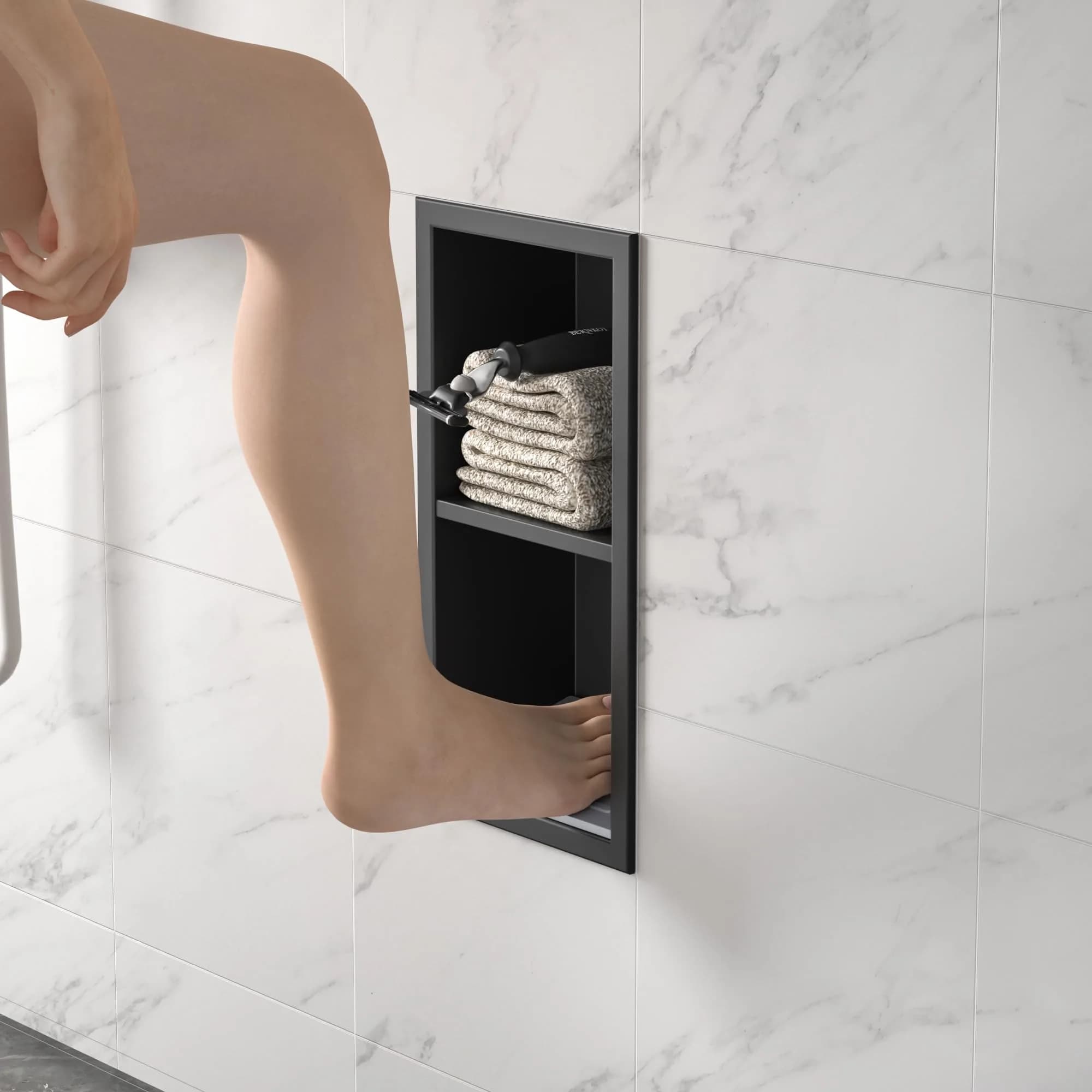 Bernkot Shower Niche, Wall Shower Stool Niche for Bathroom | Rust-Resistant 304 Stainless Steel Recessed Shelf (4.8'' x 6'') — Matte Black