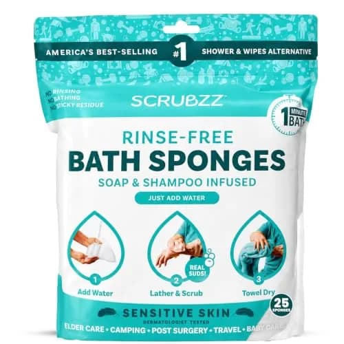 Scrubzz Sensitive Skin Rinse-Free Bathing Wipes 25 Count (19.8cm x 19.8cm) | Hypoallergenic & pH-Balanced for Gentle Cleansing thumbnail 1