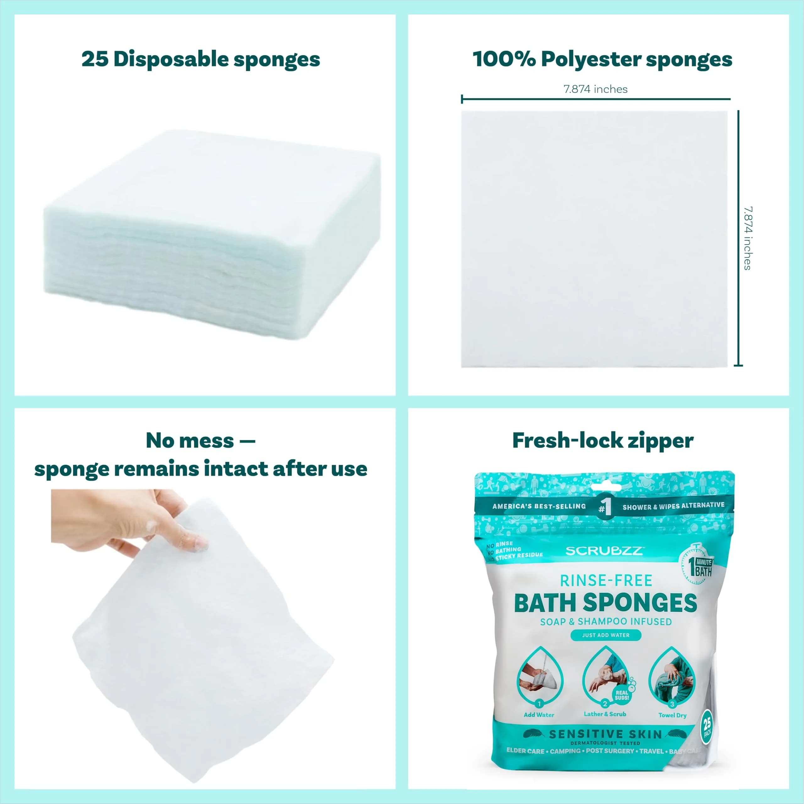 Scrubzz Disposable No Rinse Bathing Wipes Unscented - Sensitive Skin (25 Count) | Hypoallergenic Cleansing for On-the-Go Freshness - view 2