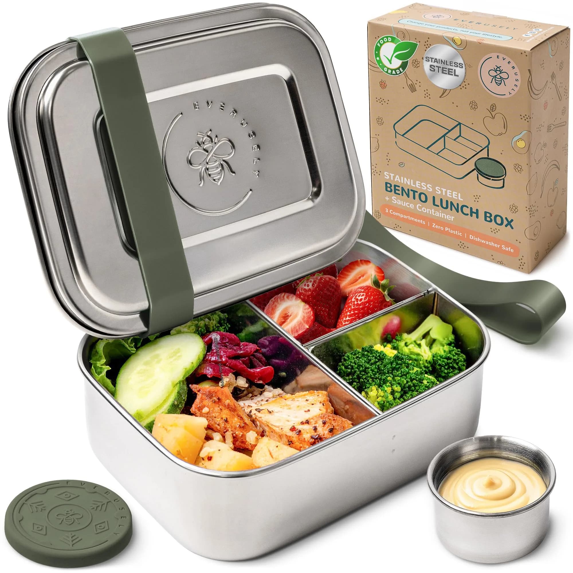 Everusely Stainless Steel Bento Box with Condiment Container - Green, 1.1 L (37oz) | Leakproof Food Storage for Indian Meals — Sage
