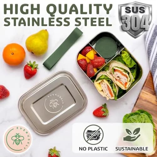 Eversusely Stainless Steel Bento Box + Condiment Container Sage 800ml (27oz) | Leakproof Lunch Box for Indian Meals thumbnail 8