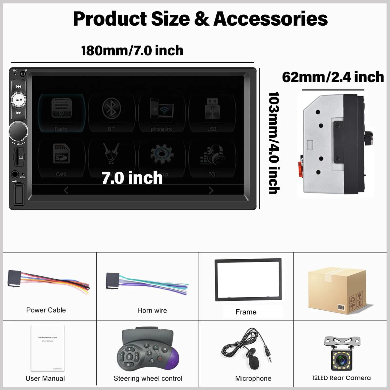 UNITOPSCI Double Din Car Stereo with Apple CarPlay & Android Auto, 7" HD Touchscreen | 2 Din Car Radio MP5 Player with Bluetooth, AUX/USB/TF Card, Mirror Link, FM, SWC + Backup Camera & Mic - view 7