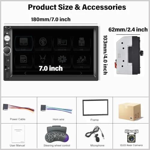 UNITOPSCI Double Din Car Stereo with Apple CarPlay & Android Auto, 7" HD Touchscreen | 2 Din Car Radio MP5 Player with Bluetooth, AUX/USB/TF Card, Mirror Link, FM, SWC + Backup Camera & Mic thumbnail 7