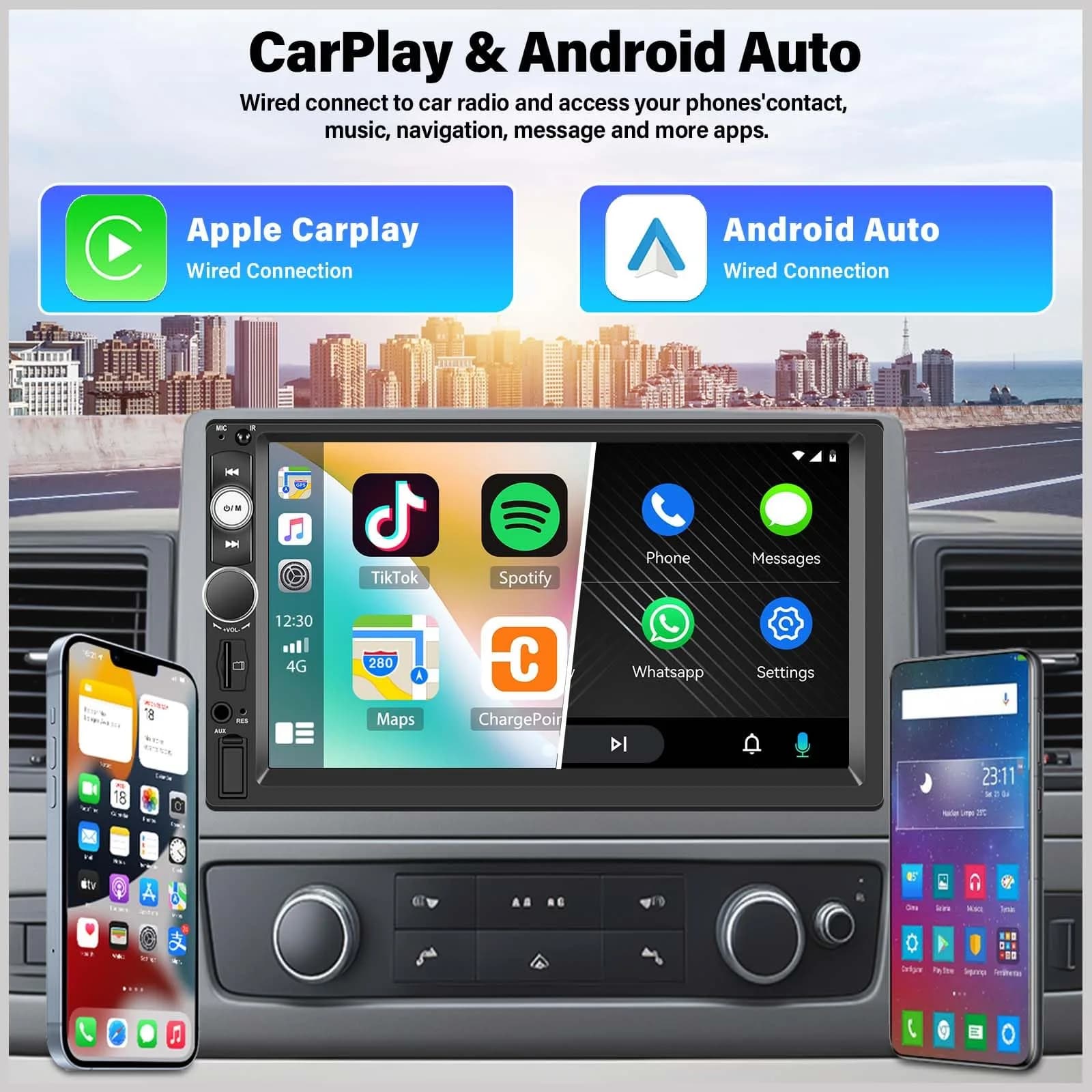 UNITOPSCI Double Din Car Stereo with Apple CarPlay & Android Auto, 7" HD Touchscreen | 2 Din Car Radio MP5 Player with Bluetooth, AUX/USB/TF Card, Mirror Link, FM, SWC + Backup Camera & Mic - view 2