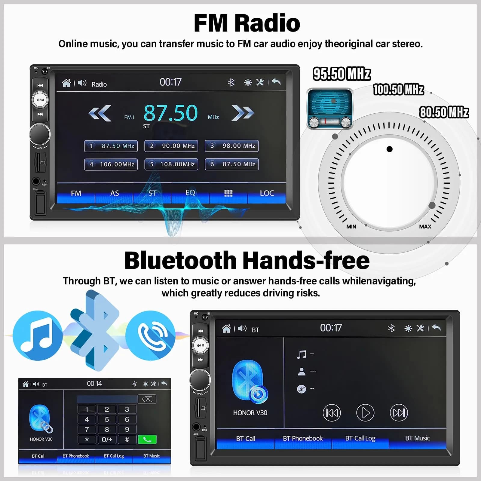 UNITOPSCI Double Din Car Stereo with Apple CarPlay & Android Auto, 7" HD Touchscreen | 2 Din Car Radio MP5 Player with Bluetooth, AUX/USB/TF Card, Mirror Link, FM, SWC + Backup Camera & Mic - view 3