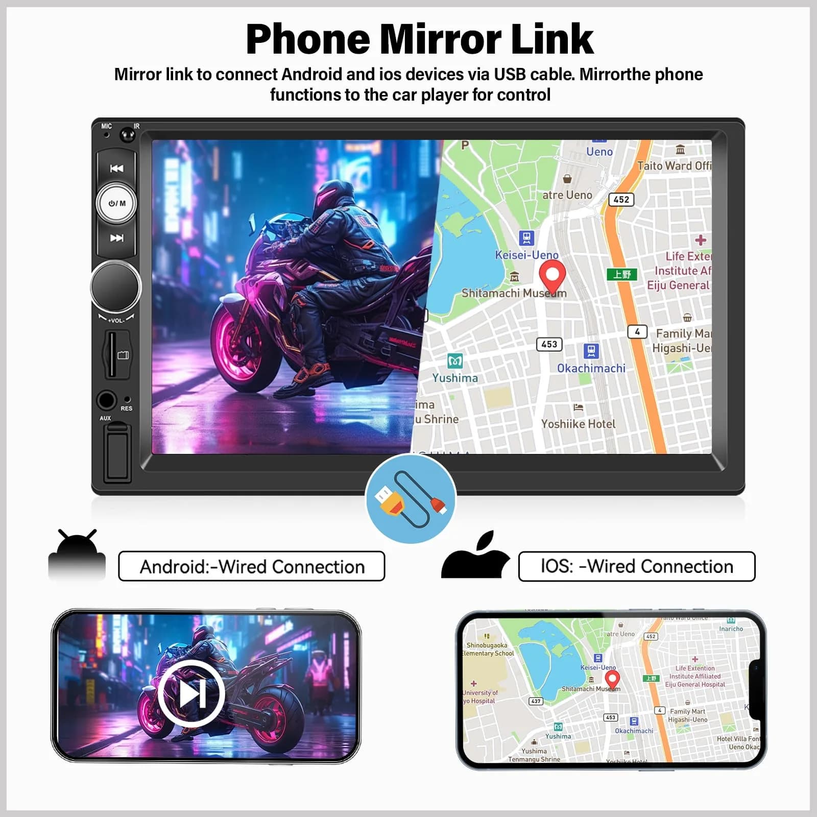 UNITOPSCI Double Din Car Stereo with Apple CarPlay & Android Auto, 7" HD Touchscreen | 2 Din Car Radio MP5 Player with Bluetooth, AUX/USB/TF Card, Mirror Link, FM, SWC + Backup Camera & Mic - view 4