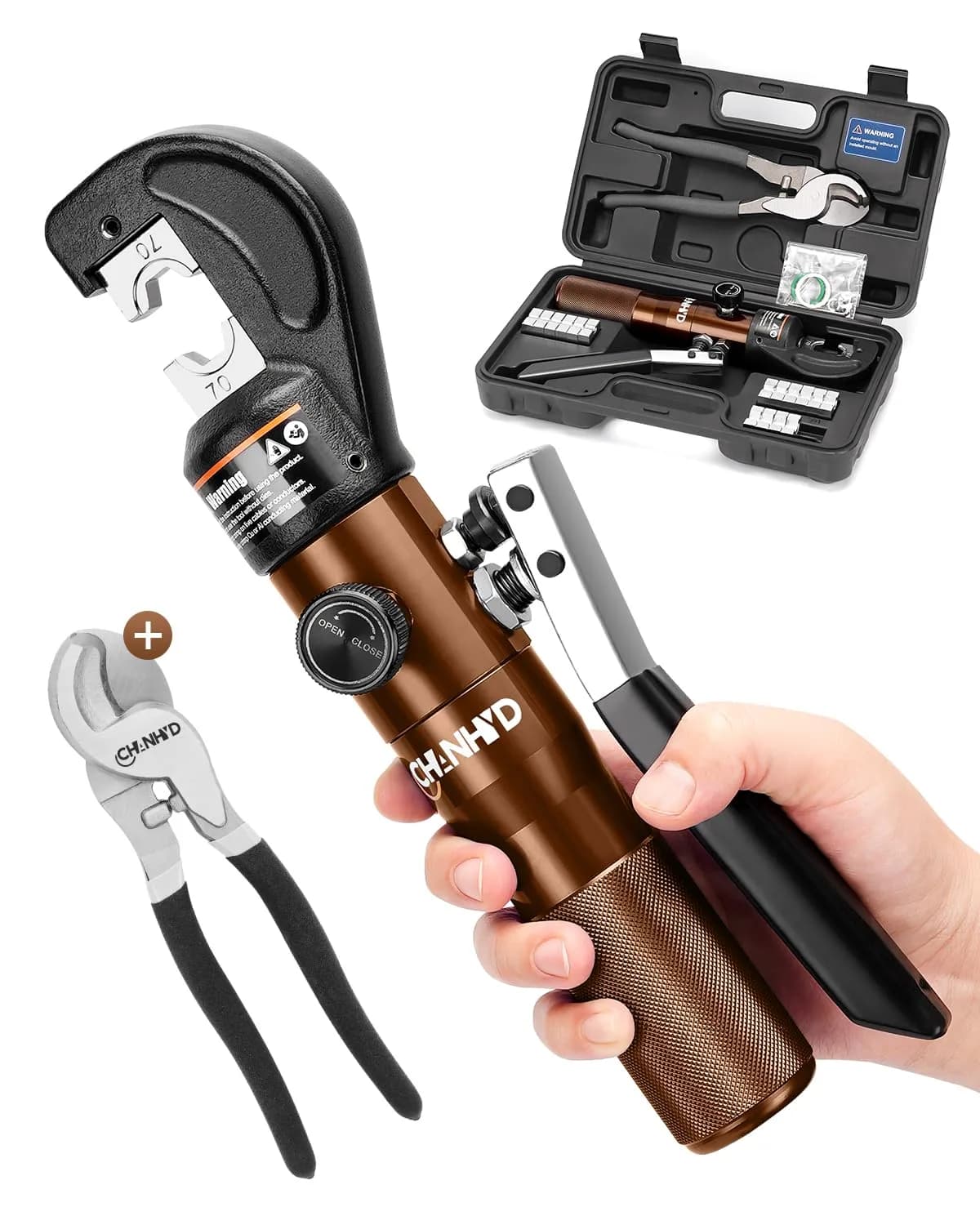 CHANHYD Hydraulic Wire Battery Cable Lug Terminal Crimper with 9 Dies | 12 AWG-2/0 AWG Electrical Cable Crimping Tool Kit — Cable Lug Crimping Tool