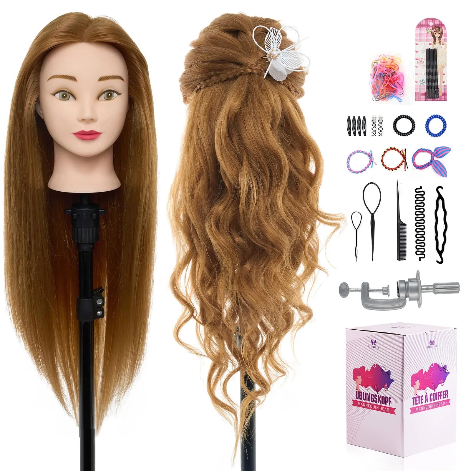 Neverland Beauty & Health 28" Mannequin Head with 80% Real Human Hair for Makeup Practice Head | Salon & Training Tool — Golden Brown