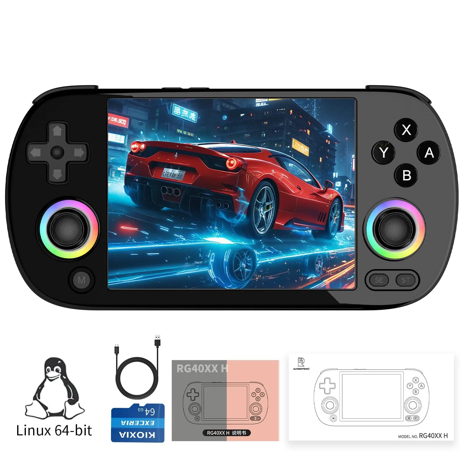 Doriteney RG40XXH Retro Handheld Game Console 4.0-inch IPS Screen Linux System 64GB | 5000+ Games RGB Lighting