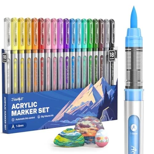 JusArt Acrylic Paint Markers Brush Tip 18 Colors, Automatic Ink Control | Water-Based, Non-Toxic, Waterproof thumbnail 1