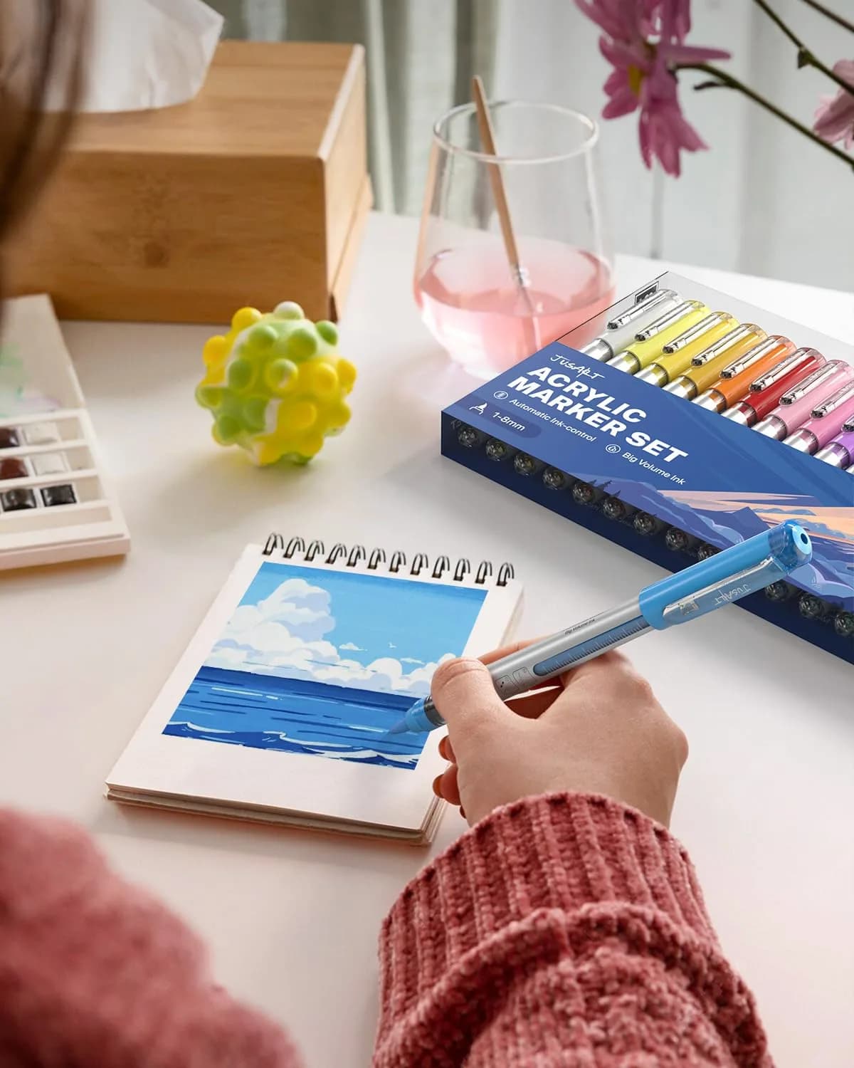 JusArt Acrylic Paint Markers Brush Tip 18 Colors, Automatic Ink Control | Water-Based, Non-Toxic, Waterproof - view 8