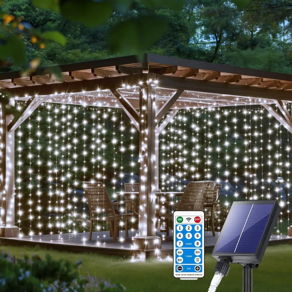 QLIRJAD Solar Curtain Lights 10*10Ft 300LED Waterproof Outdoor String Lights | 8 Modes, Remote, C Charging, Dimmable, Timer, Twinkle