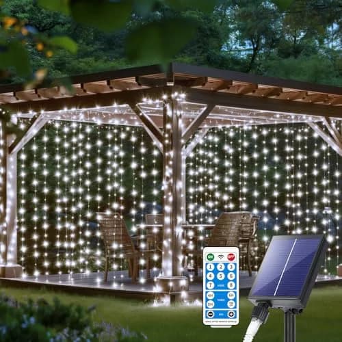 QLIRJAD Solar Curtain Lights 10*10Ft 300LED Waterproof Outdoor String Lights | 8 Modes, Remote, C Charging, Dimmable, Timer, Twinkle thumbnail 1
