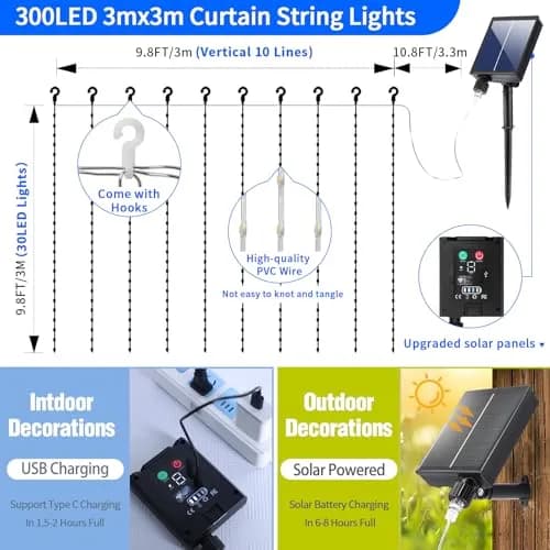 QLIRJAD Solar Curtain Lights 10*10Ft 300LED Waterproof Outdoor String Lights | 8 Modes, Remote, C Charging, Dimmable, Timer, Twinkle thumbnail 4