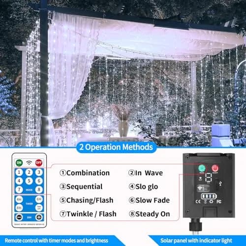 QLIRJAD Solar Curtain Lights 10*10Ft 300LED Waterproof Outdoor String Lights | 8 Modes, Remote, C Charging, Dimmable, Timer, Twinkle thumbnail 6
