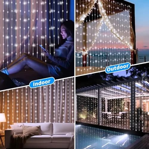 QLIRJAD Solar Curtain Lights 10*10Ft 300LED Waterproof Outdoor String Lights | 8 Modes, Remote, C Charging, Dimmable, Timer, Twinkle thumbnail 7