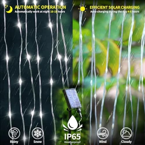 QLIRJAD Solar Curtain Lights 10*10Ft 300LED Waterproof Outdoor String Lights | 8 Modes, Remote, C Charging, Dimmable, Timer, Twinkle thumbnail 8