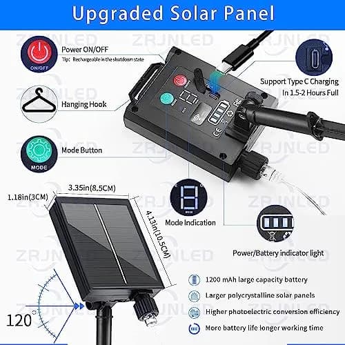 QLIRJAD Solar Curtain Lights 10*10Ft 300LED Waterproof Outdoor String Lights | 8 Modes, Remote, C Charging, Dimmable, Timer, Twinkle thumbnail 9