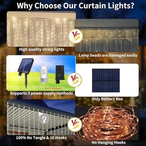 QLIRJAD Solar Curtain Lights 10*10Ft 300LED Waterproof Outdoor String Lights | 8 Modes, Remote, C Charging, Dimmable, Timer, Twinkle thumbnail 2