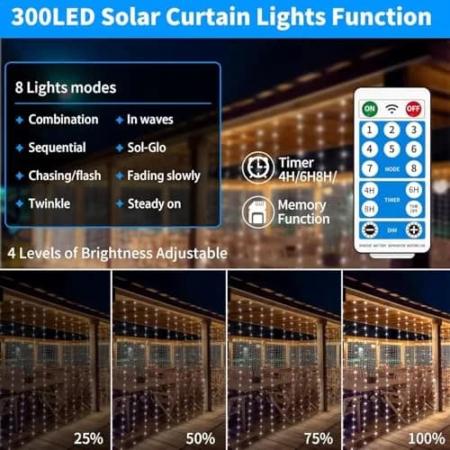 QLIRJAD Solar Curtain Lights 10*10Ft 300LED Waterproof Outdoor String Lights | 8 Modes, Remote, C Charging, Dimmable, Timer, Twinkle thumbnail 3