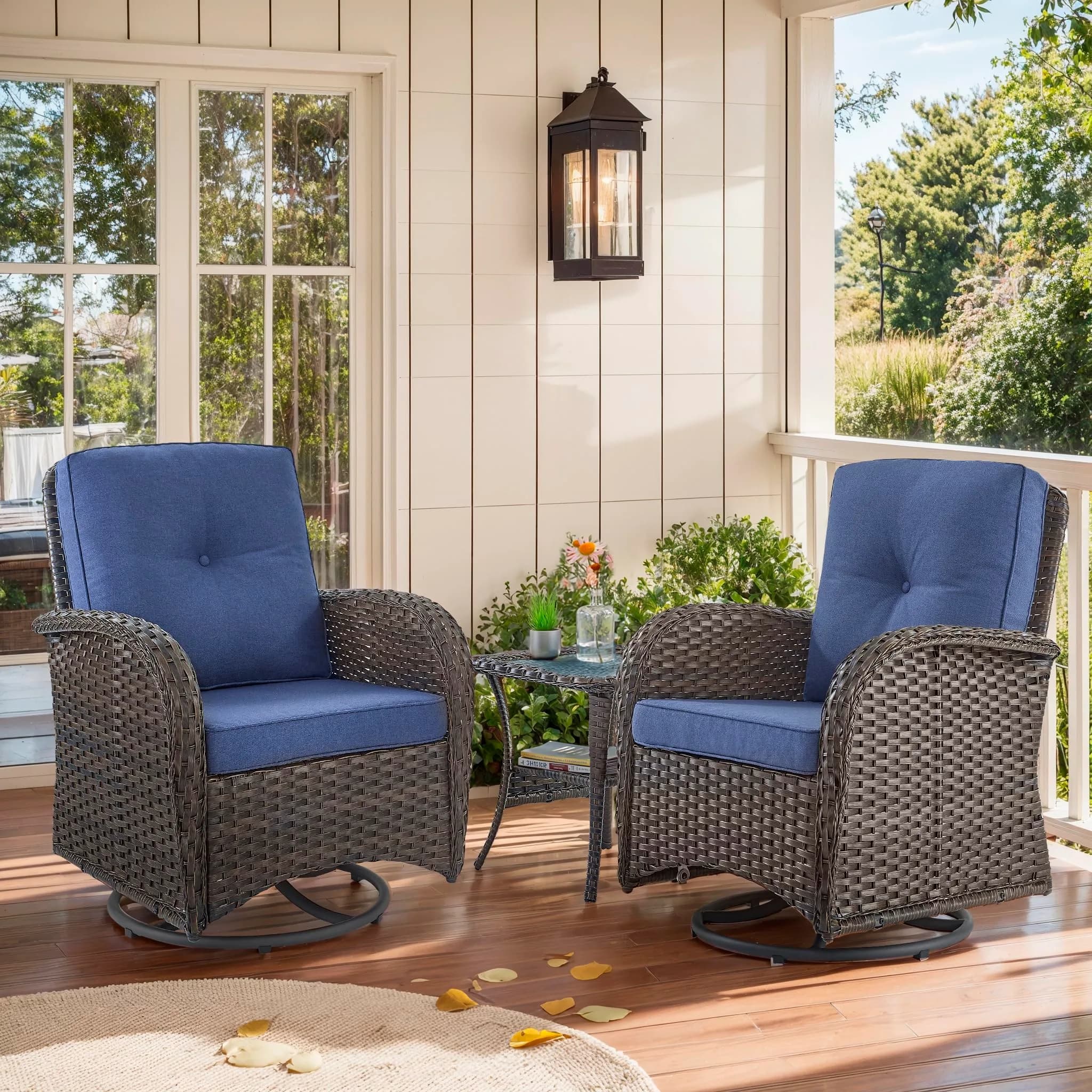 Artfurniz Outdoor Swivel Glider Chairs - 3 Piece Patio Furniture Set, Brown Wicker, Blue Cushions | 360° Swivel & Glide