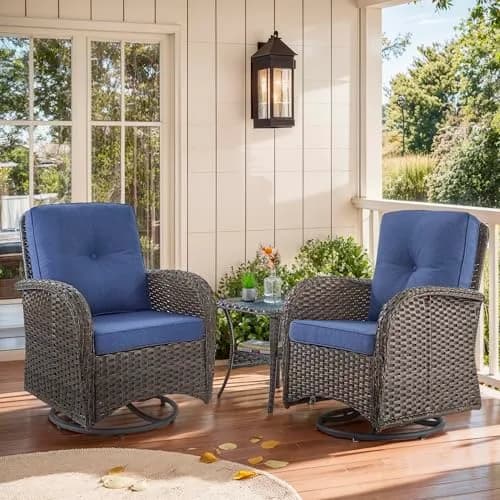 Artfurniz Outdoor Swivel Glider Chairs - 3 Piece Patio Furniture Set, Brown Wicker, Blue Cushions | 360° Swivel & Glide thumbnail 1