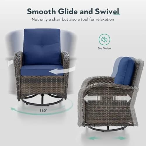 Artfurniz Outdoor Swivel Glider Chairs - 3 Piece Patio Furniture Set, Brown Wicker, Blue Cushions | 360° Swivel & Glide thumbnail 4